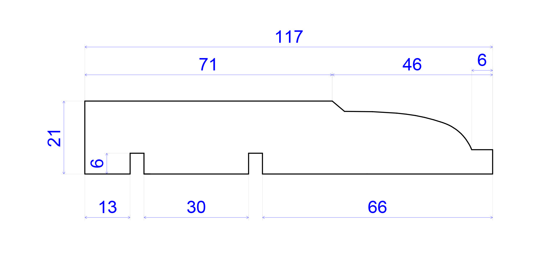 technical image showing measurements of lambs tongue victorian skirting board