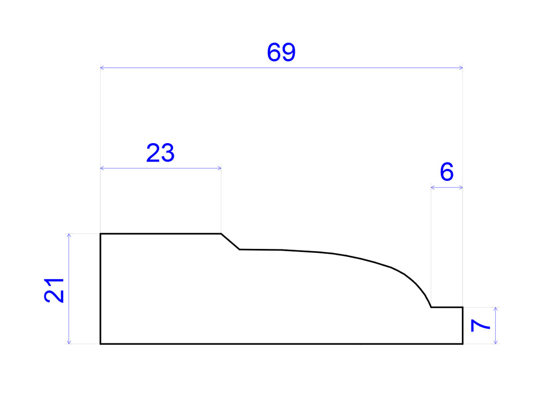 technical image showing Timber Architrave measurements 21mm x 69mm 