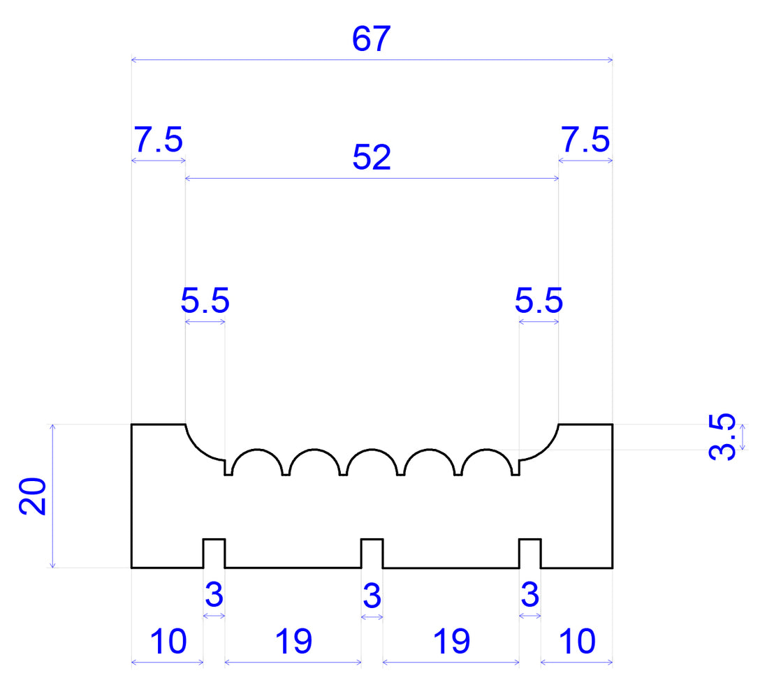 technical image showing measurements of reeded pine Timber Architrave 67mm x 20mm 