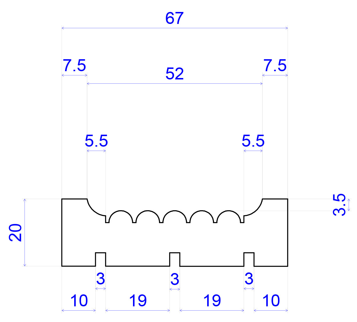technical image showing measurements of reeded pine Timber Architrave 67mm x 20mm 