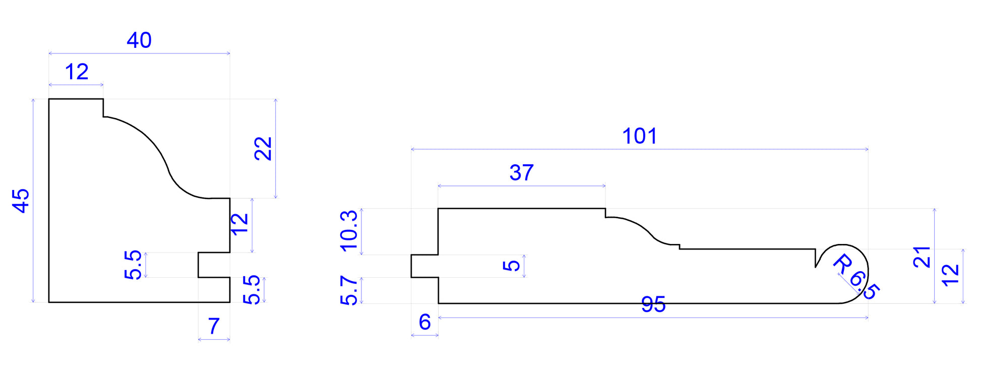 technical image showing Large Victorian Architrave measurements 135mm x 45mm   