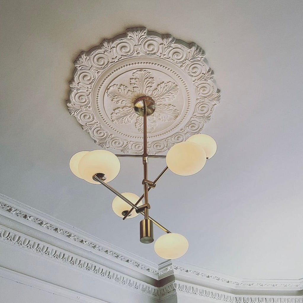 photo shows larger Victorian Plaster Ceiling Rose with act deco chandelier 850mm