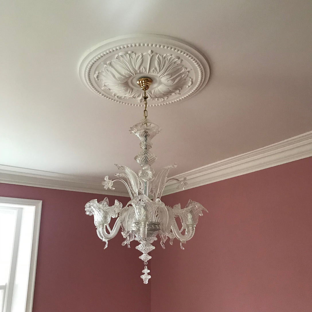 Ornate Floral Plaster Ceiling Rose in pink room