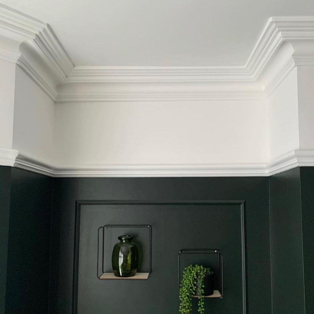 swan neck plaster cornice shown in green room with wall panelling 