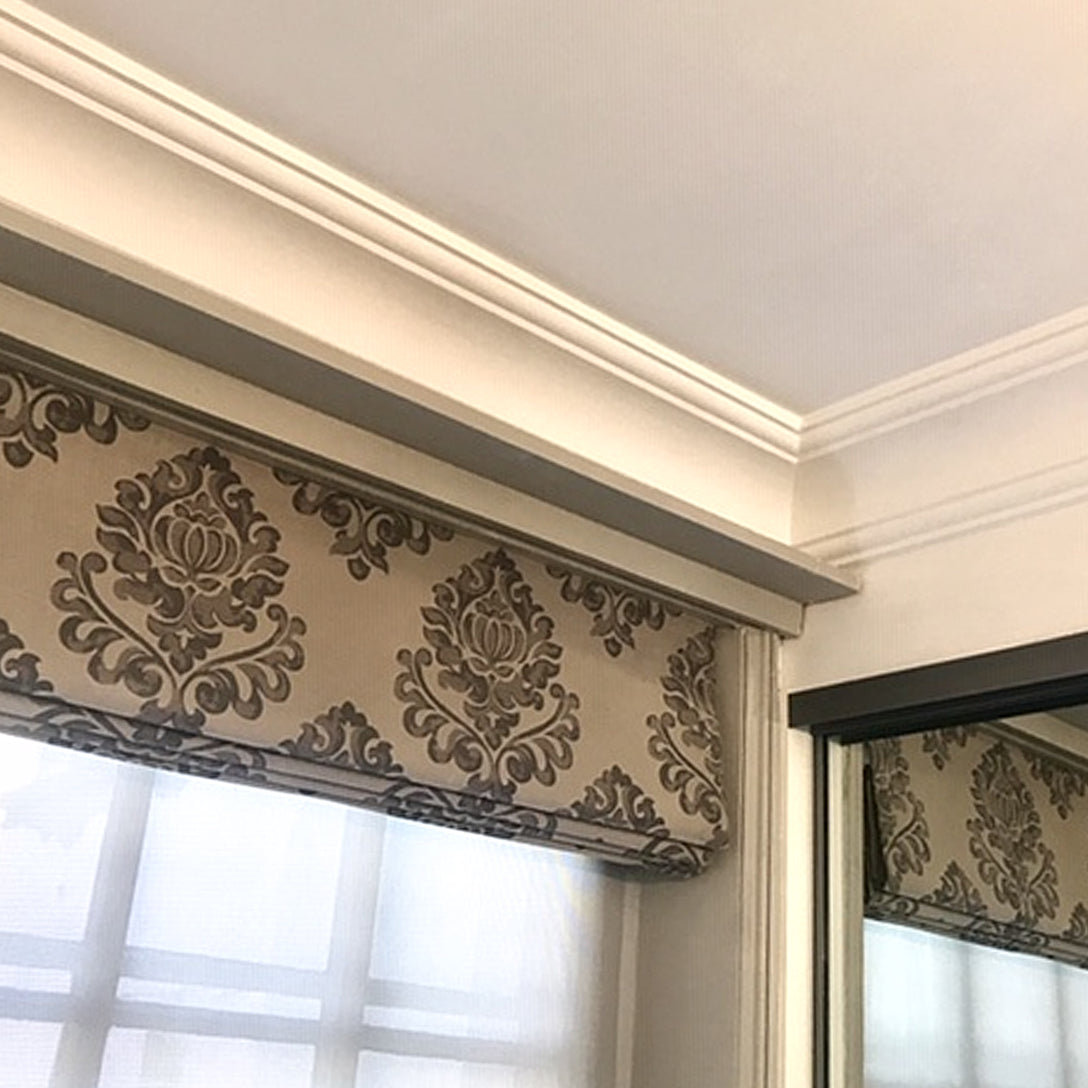 Victorian style Plaster Coving shown above curtains - 120mm Drop
