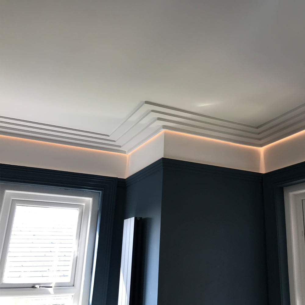 3 step Art Deco Plaster Coving with strip LED's - Drop 90MM