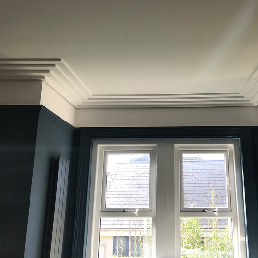 Large 3 Step Art Deco Plaster Coving shown in blue, high ceiling room - Drop 90MM Projection 280MM
