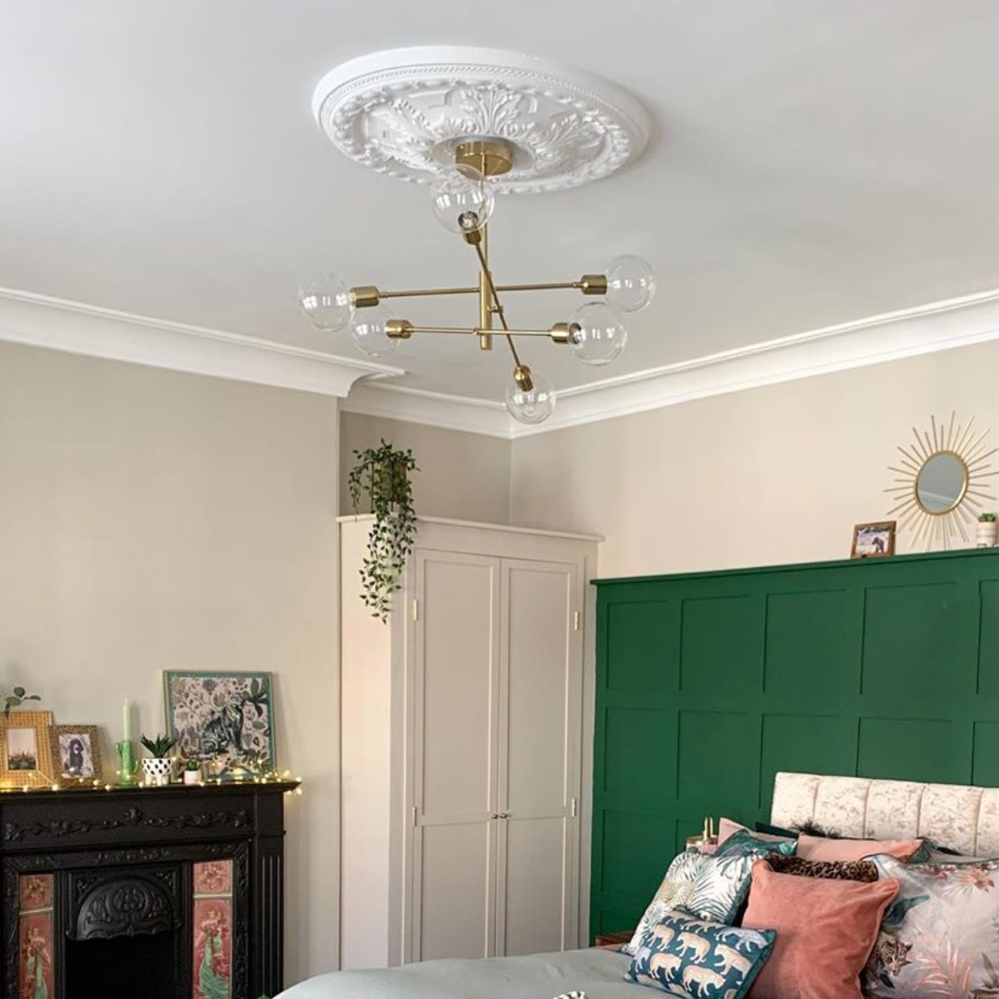 Large Acanthus Leaf Plaster Ceiling Rose in modern bedroom