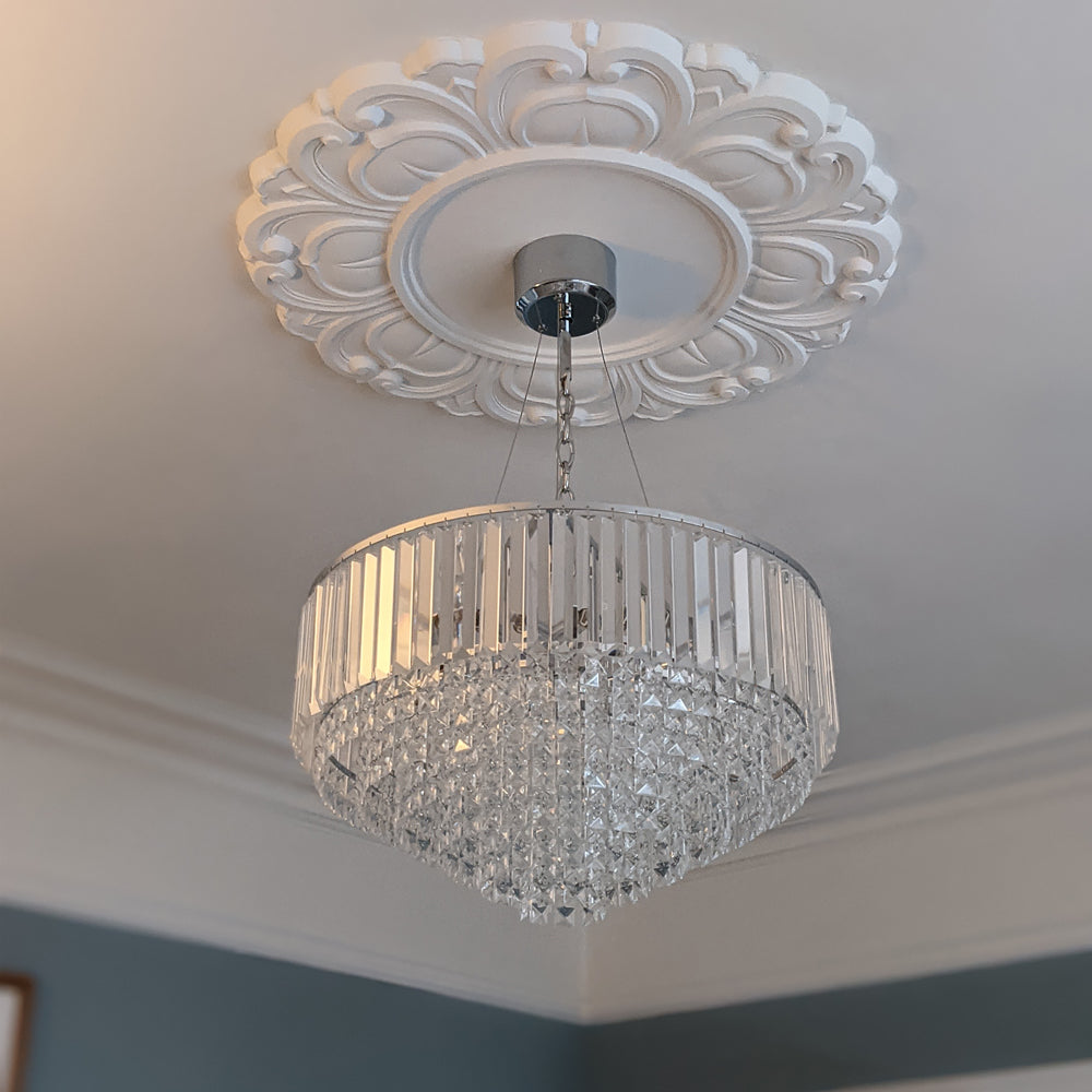 Floral plain centre ceiling rose fitted with chandelier