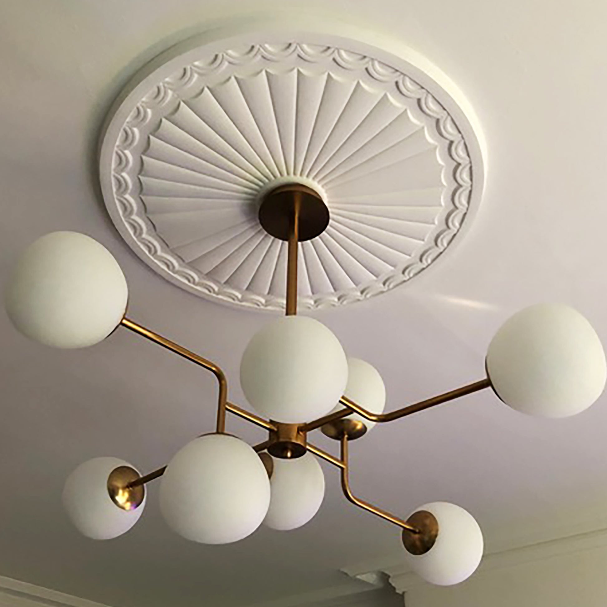 Adams Sunburst Plaster Ceiling rose shown with modern chandelier 750mm dia.#