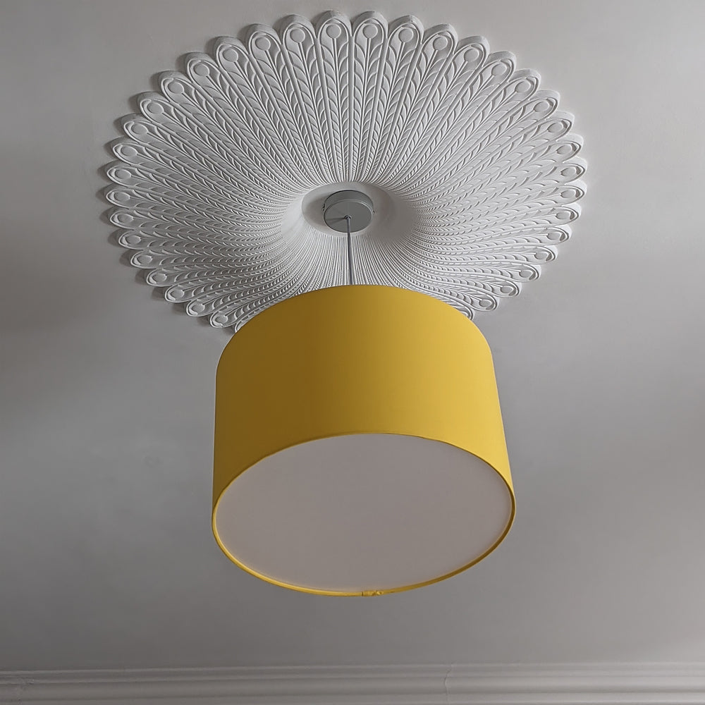 Large Ornate Georgian Plaster Ceiling Rose shown with yellow light shade - 930mm