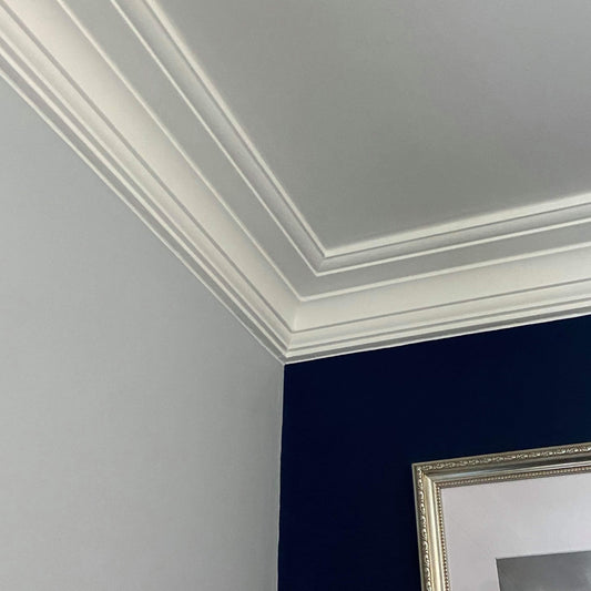 Section of Plaster Coving shown against a blue wall  - 110mm Drop 