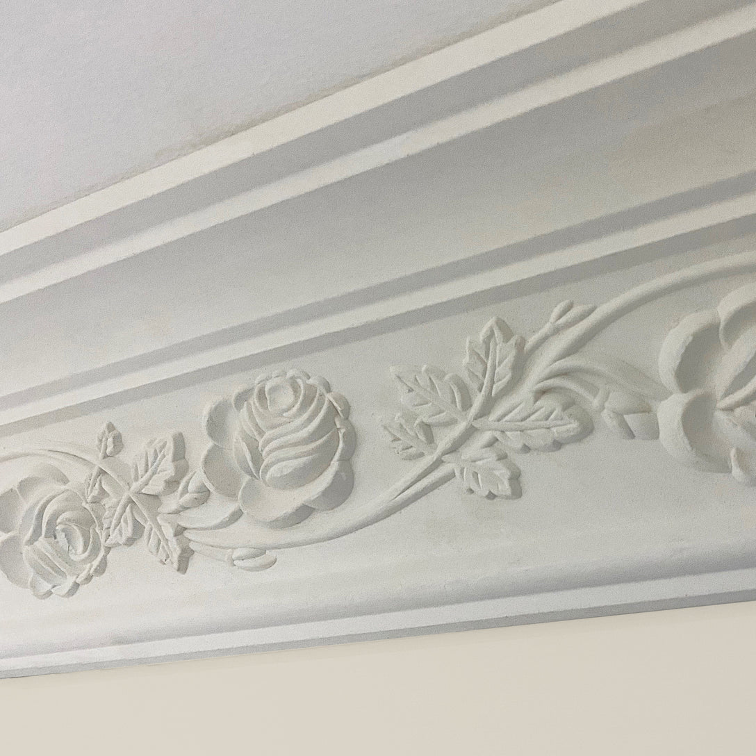 close up photo of wild rose Plaster Coving - 120mm Drop