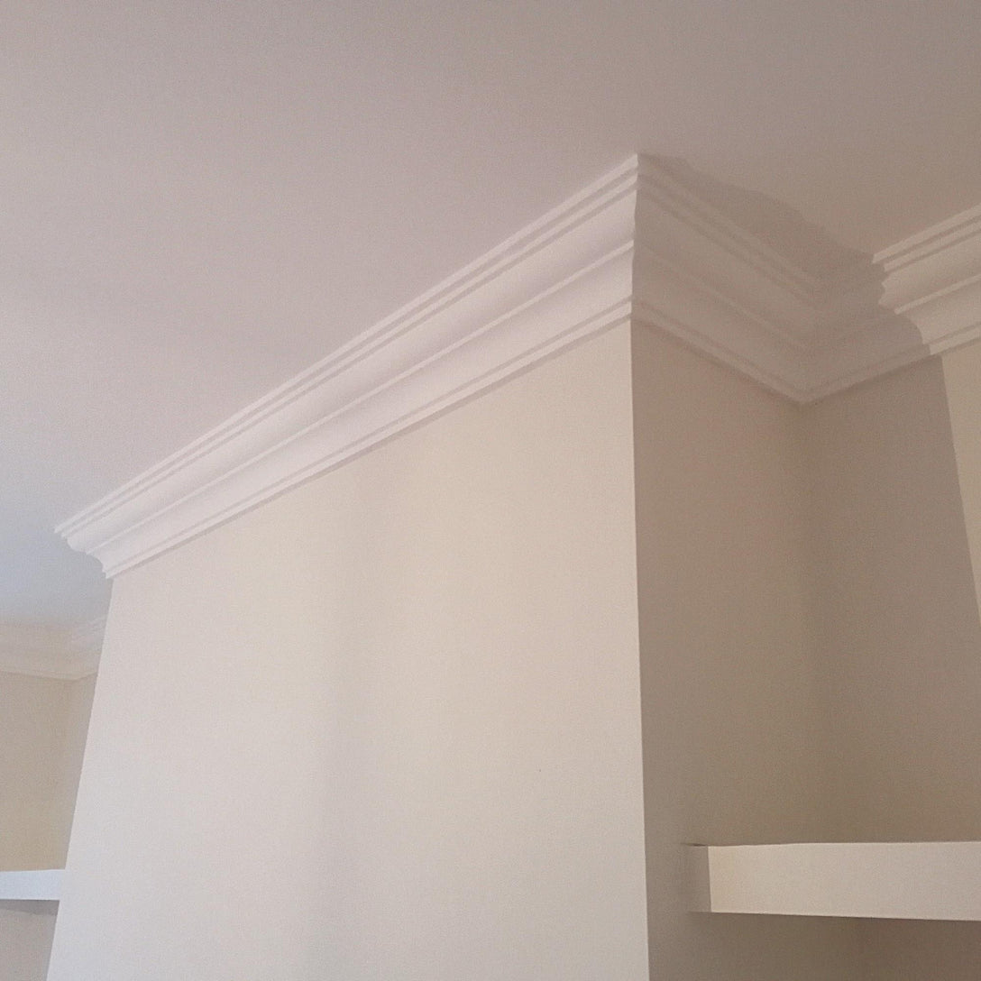 aspect of victorian plaster coving shown above shelving 