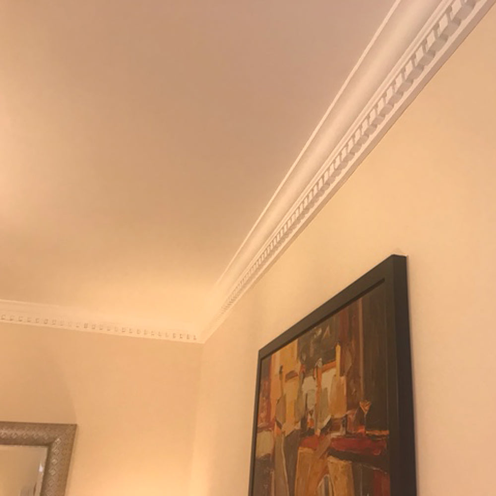 Dentil coving in warm toned room