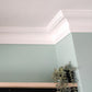 corner section showing classic plaster cornice above shelves