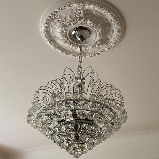 photo shows example of Acanthus & Ovolo Plaster Ceiling Rose fitted with chandelier 500mm dia. 