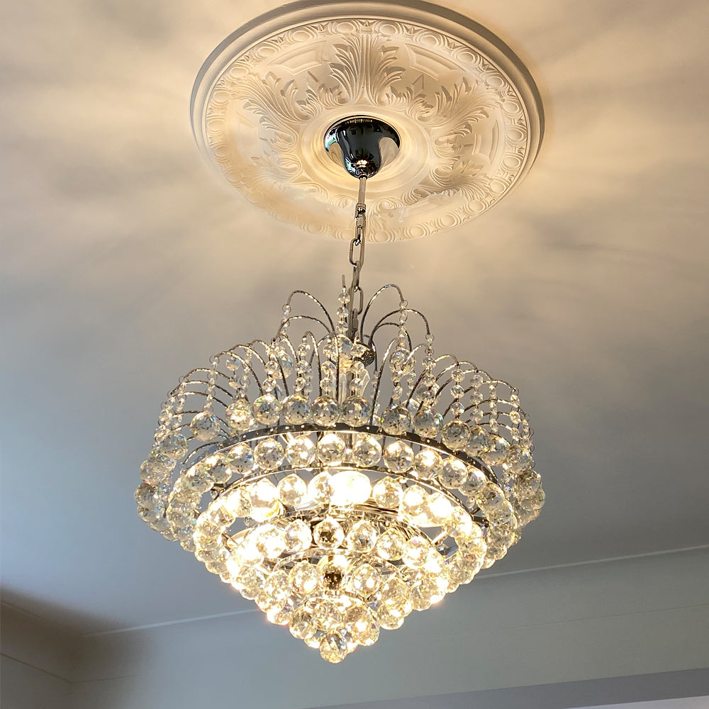 Acanthus & Ovolo Plaster Ceiling Rose shown with glass chandelier 500mm dia. 