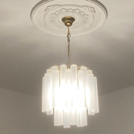 600m acanthus satellite plaster ceiling rose shown with crystal chandelier 