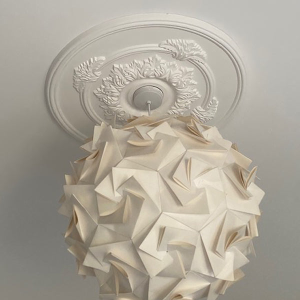victorian style acanthus satellite plaster ceiling rose shown installed with light shade