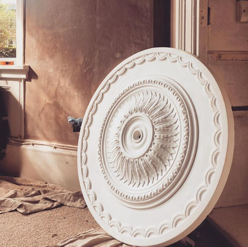 Victorian Sunflower Plaster Ceiling Rose shown before instillation - 750mm dia.