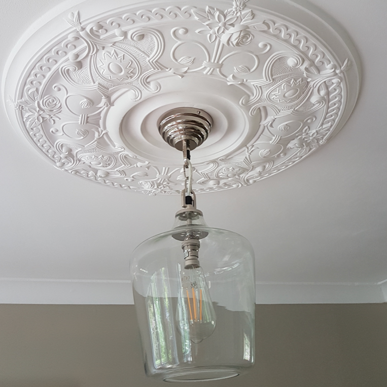 Ornate Victorian Plaster Ceiling Rose with modern light fitting