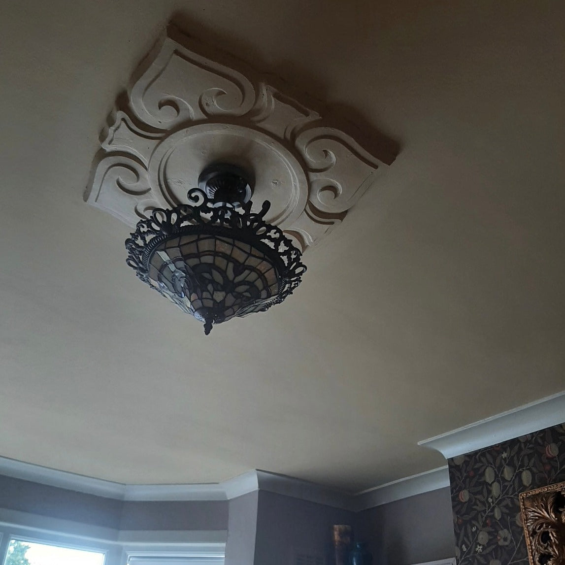 Art Nouveau Square Plaster Ceiling Rose shown installed in living room 560mm 